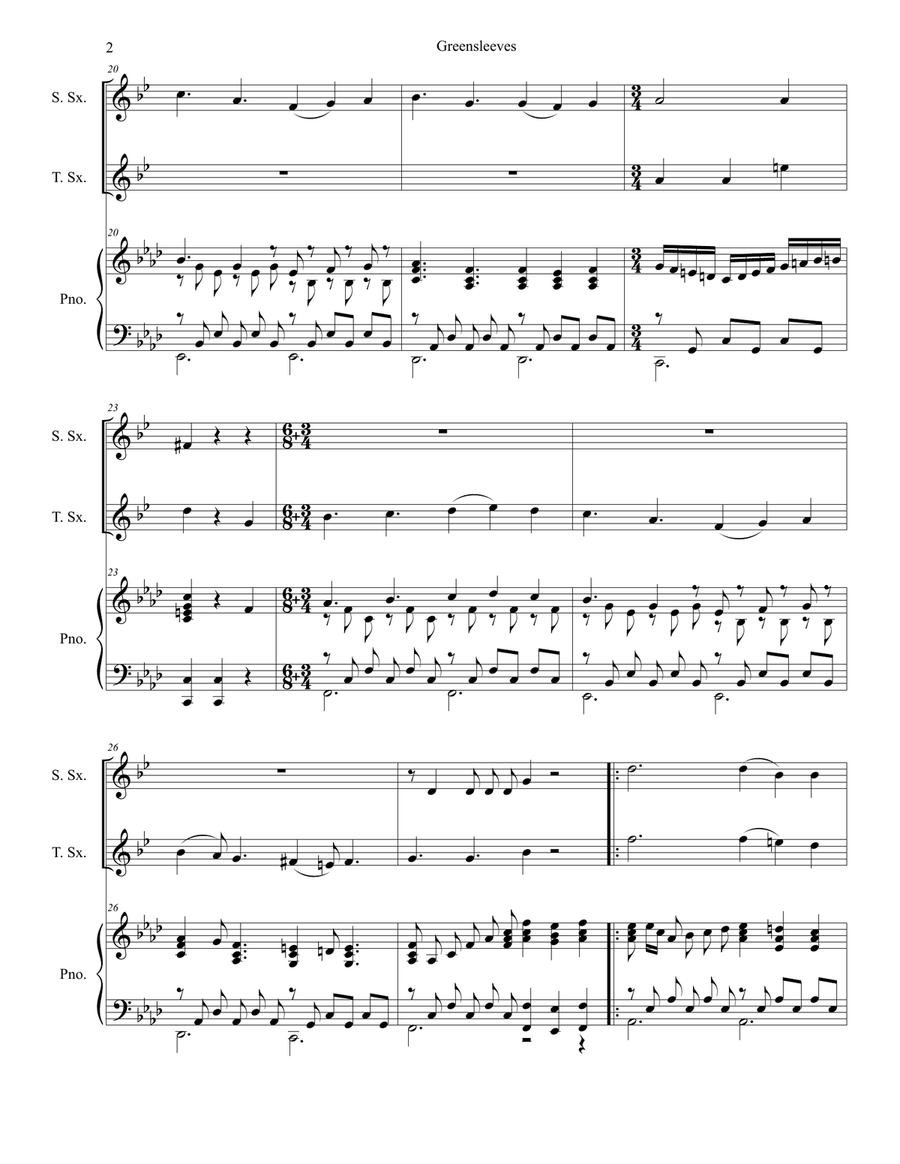 Greensleeves (Duet for Soprano and Tenor Saxophone) Woodwind Duet scores gallery preview page 2