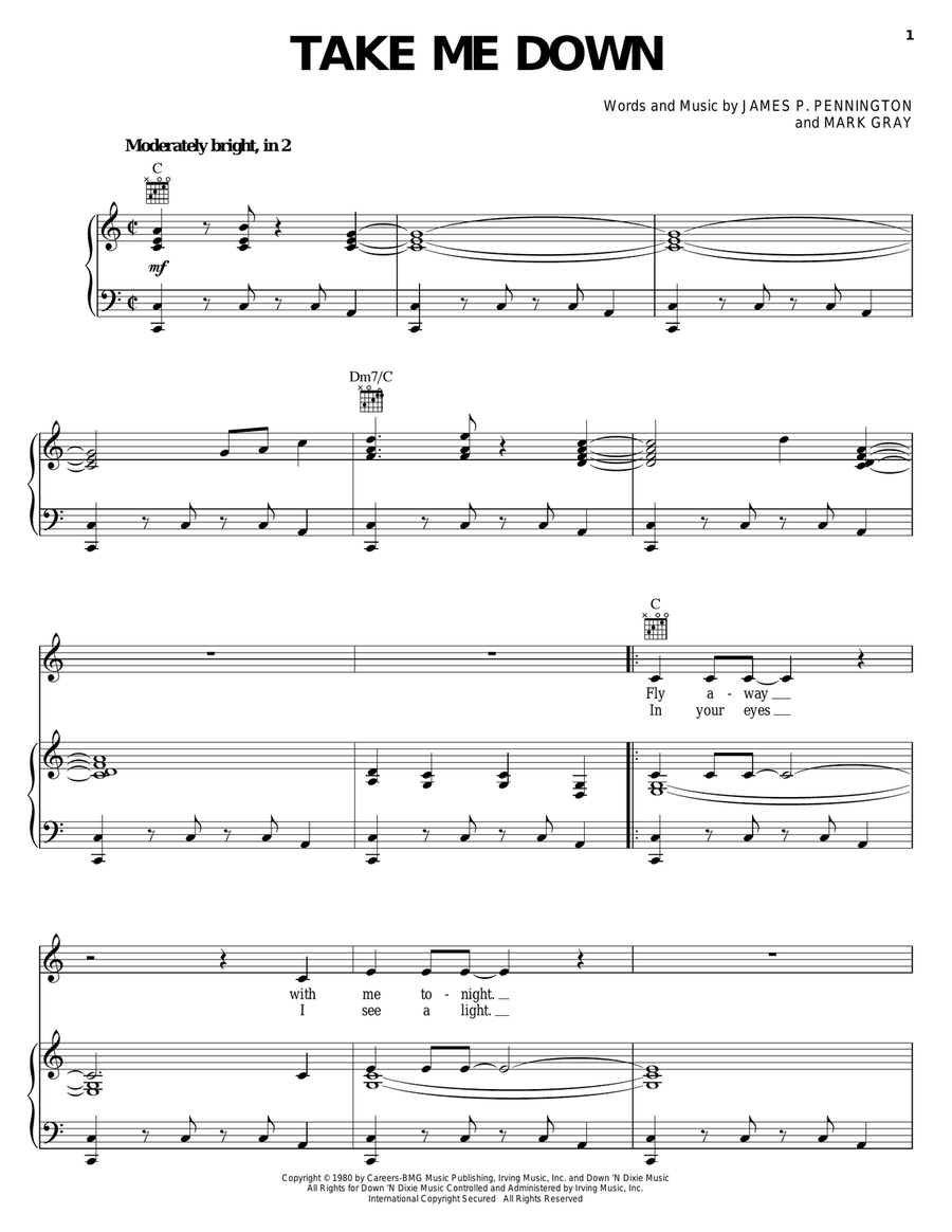 Take Me Down Piano, Vocal, Guitar scores gallery preview page 1