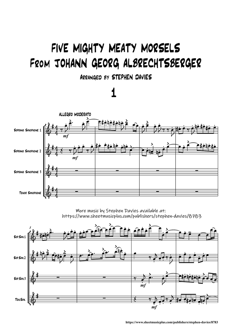 Five Mighty Meaty Morsels From Johann Georg Albrechtsberger for Sax Quartet (3 Sopranos/1 Tenor) Saxophone Quartet scores gallery preview page 1