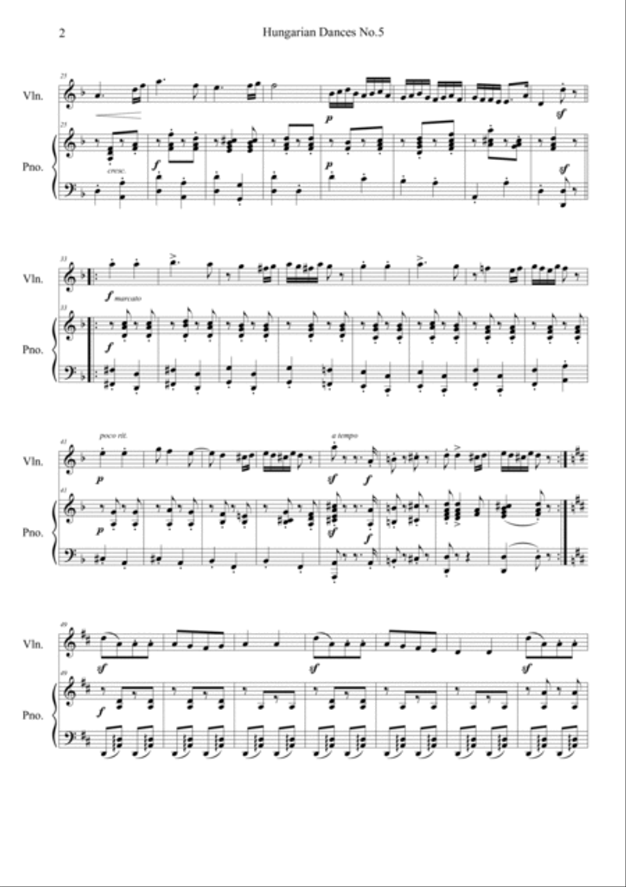 Hungarian Dances No.5 Easy version in D minor Violin Solo scores gallery preview page 2