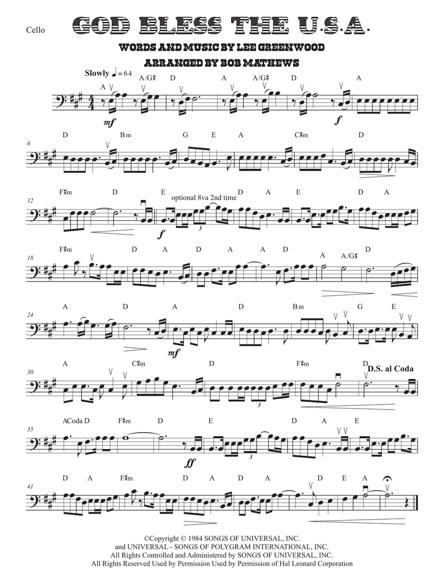God Bless The U.S.A. Cello Solo scores gallery preview page 1