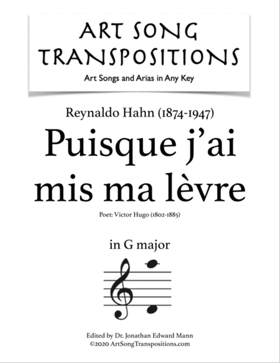 HAHN: Puisque j'ai mis ma lèvre (transposed to G major) Voice scores gallery preview page 1