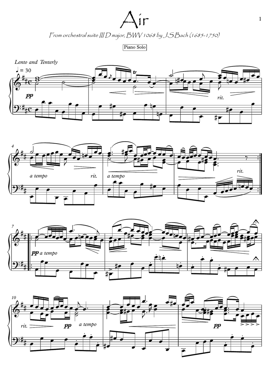 J.S.Bach Air on G String BWV 1068 for piano solo or piano duet image number null