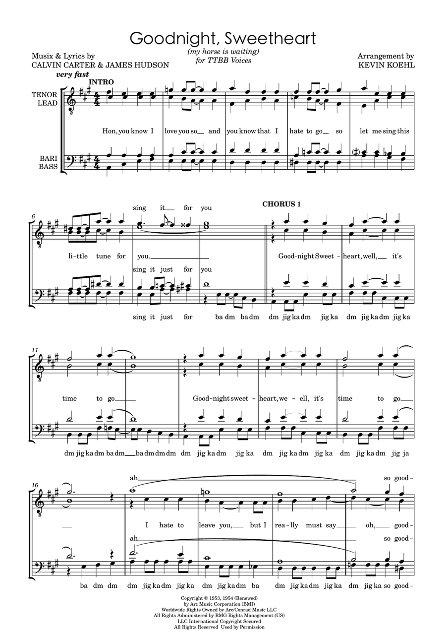 Goodnight, Sweetheart, Goodnight (goodnight, It's Time To Go) TTBB scores gallery preview page 1