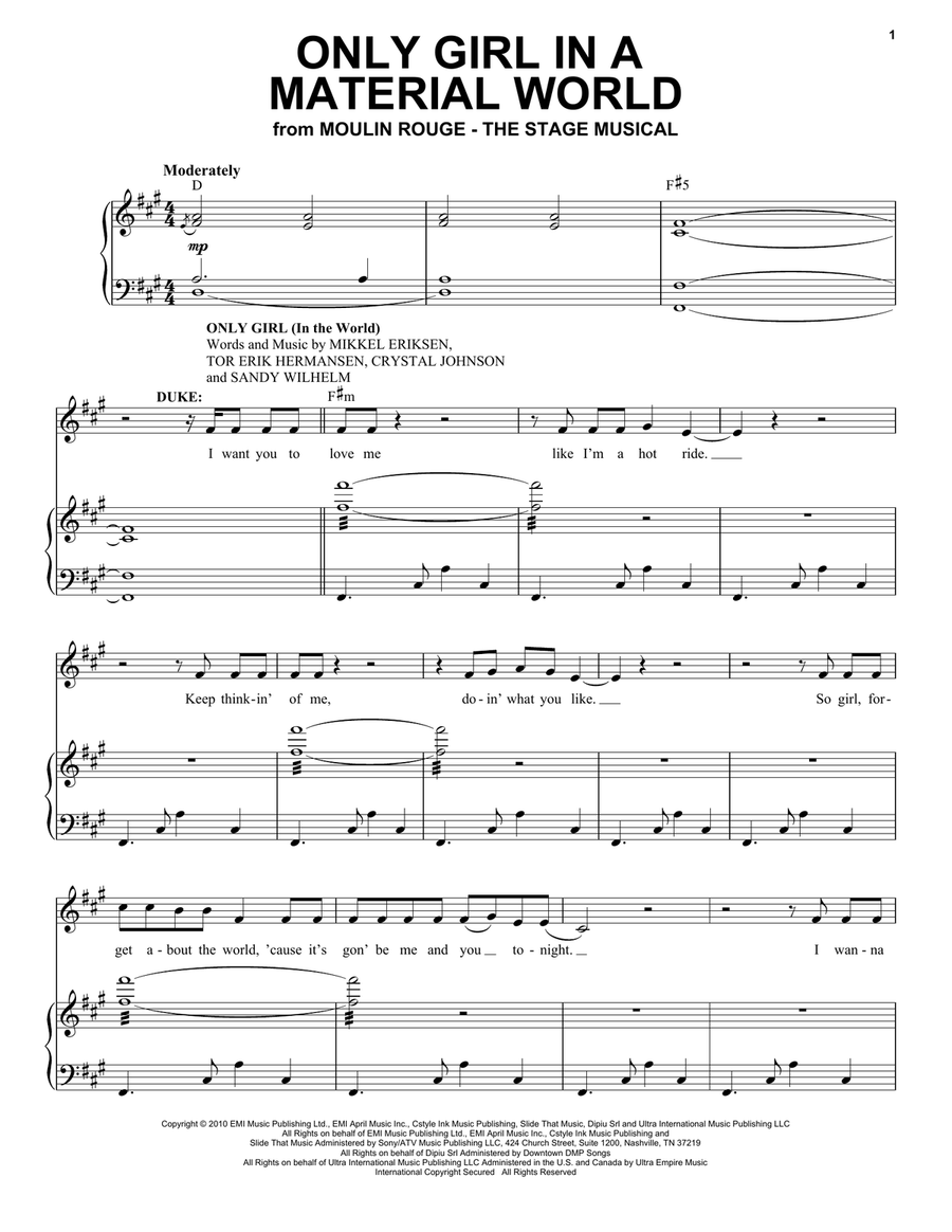Only Girl In A Material World (from Moulin Rouge! The Musical) Voice scores gallery preview page 1