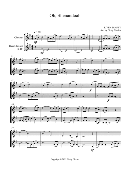 Oh, Shenandoah, Bb Clarinet and Bb Bass Clarinet Duet image number null