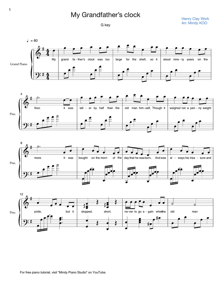 My Grandfather's Clock - G key Piano Solo scores gallery preview page 1
