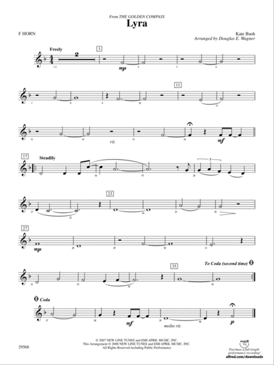 Lyra (from The Golden Compass): 1st F Horn Concert Band scores gallery preview page 1
