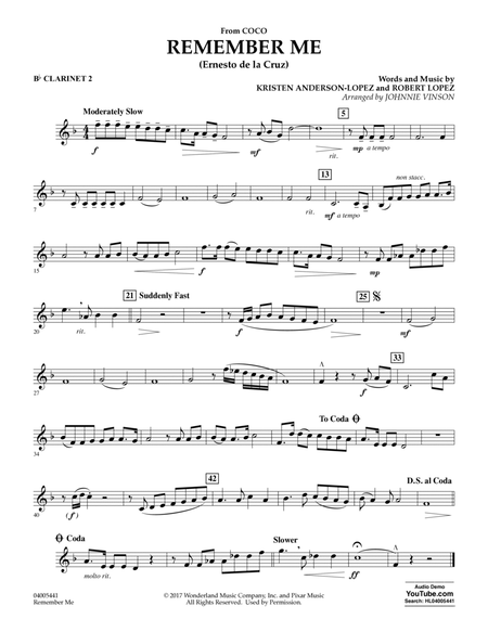 Remember Me (from Coco) (arr. Johnnie Vinson) - Bb Clarinet 2