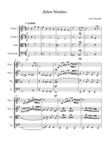 Adios Nonino (Astor Piazzolla) for String Quartet