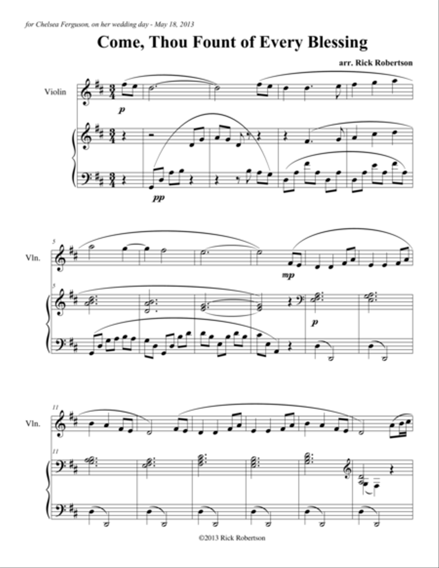 Come, Thou Fount of Every Blessing (arranged for solo instrument and piano by Rick Robertson) Violin Solo scores gallery preview page 1