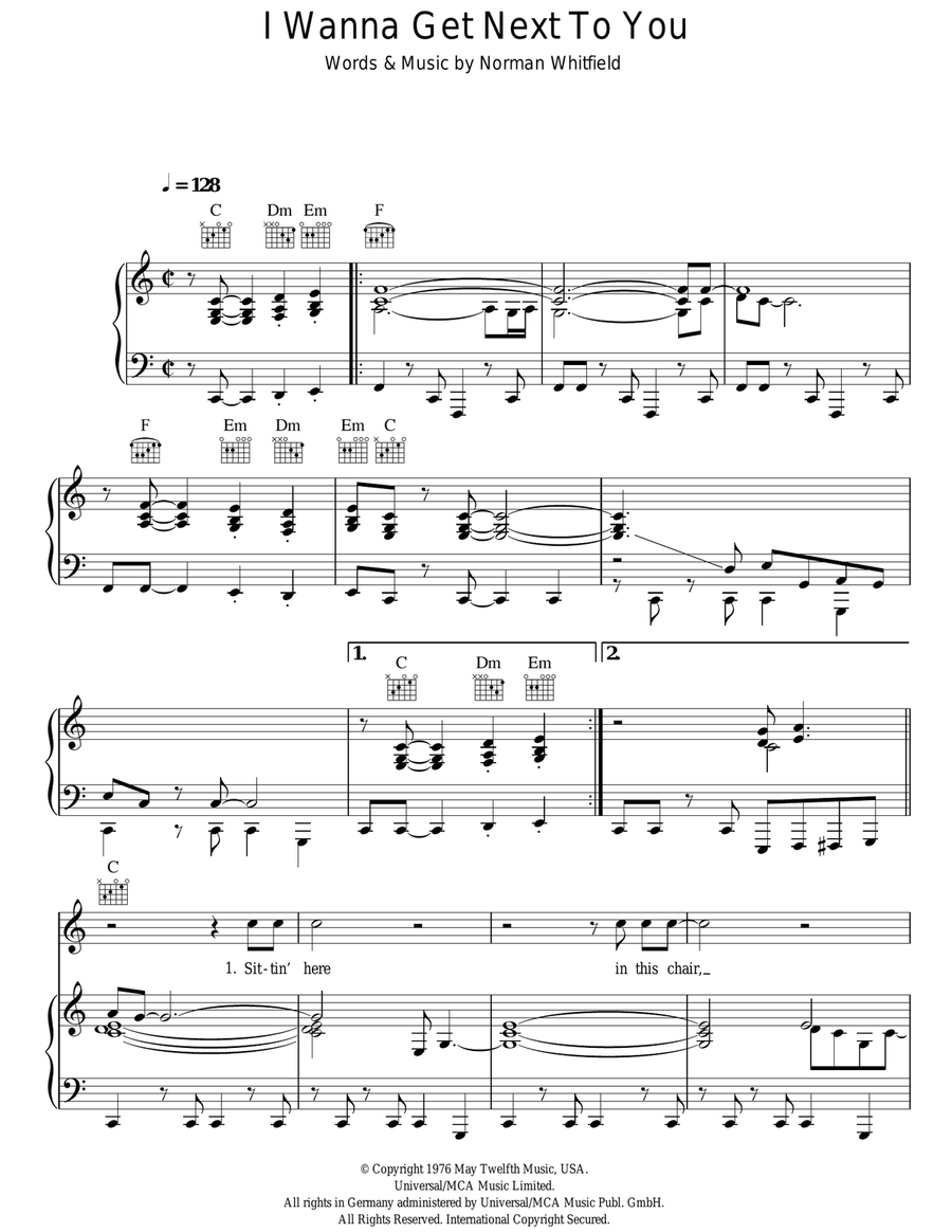 I Wanna Get Next To You Piano, Vocal, Guitar scores gallery preview page 1