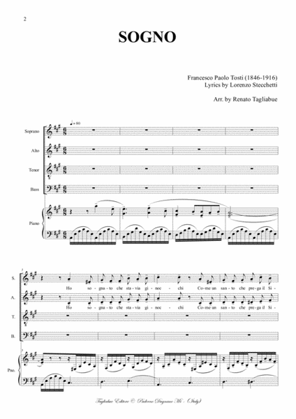SOGNO - F.P. Tosti - Arr. for SATB Choir and Piano image number null