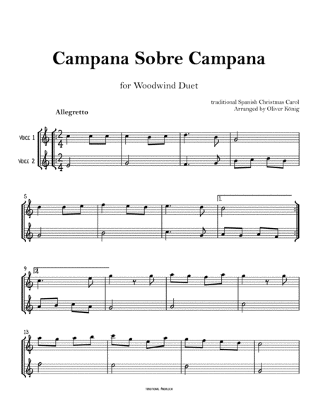 Campana sobre Campana, Spanish Christmas Carol-for Woodwind Duet image number null