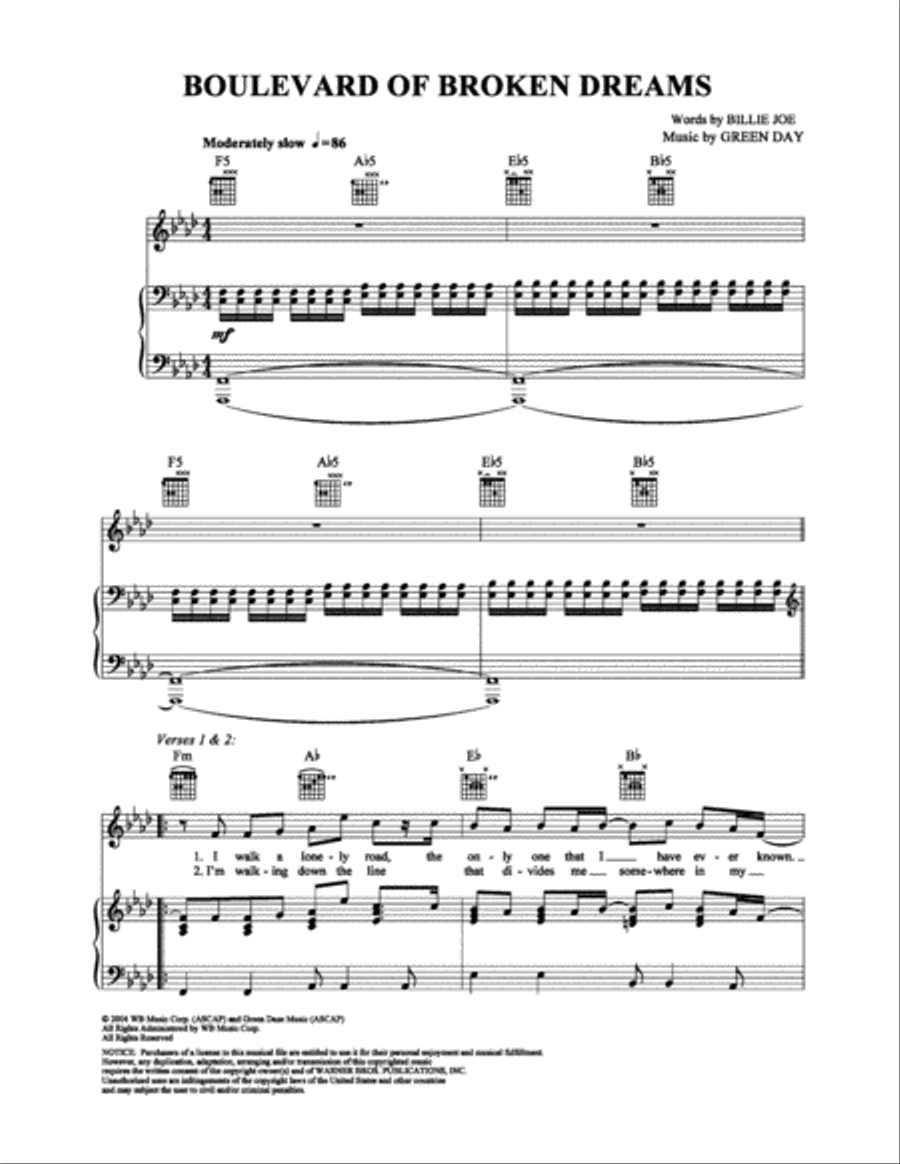 Boulevard of Broken Dreams Piano, Vocal, Guitar scores gallery preview page 1