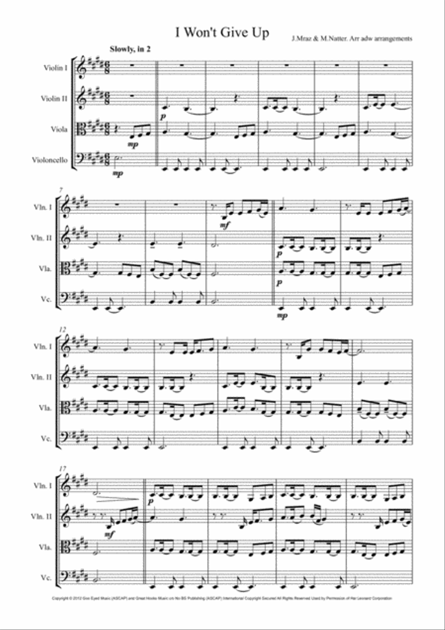 I Won't Give Up I Won't Give Up String Quartet scores gallery preview page 1