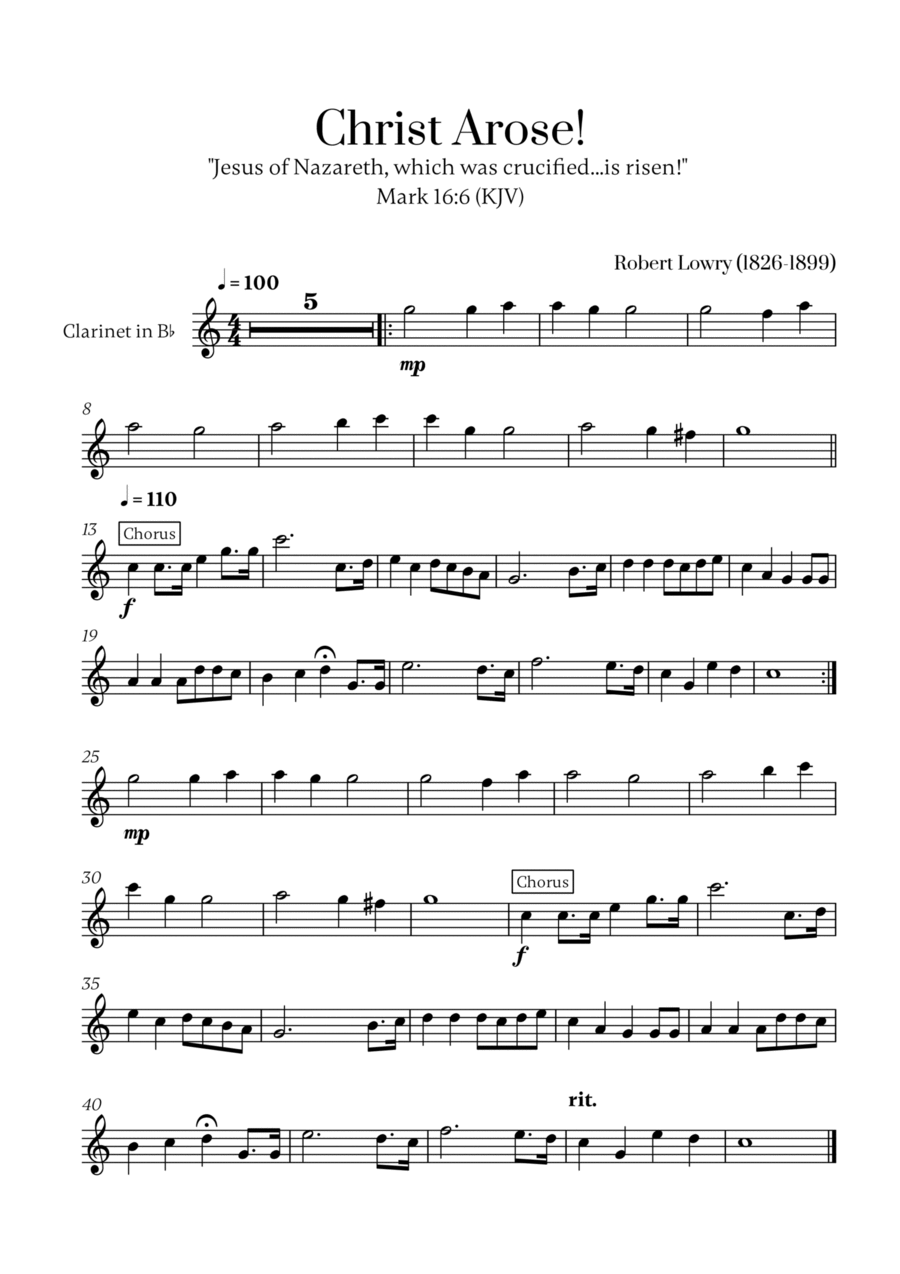 Robert Lowry - Christ Arose for Clarinet in Bb Solo B-Flat Clarinet scores gallery preview page 1