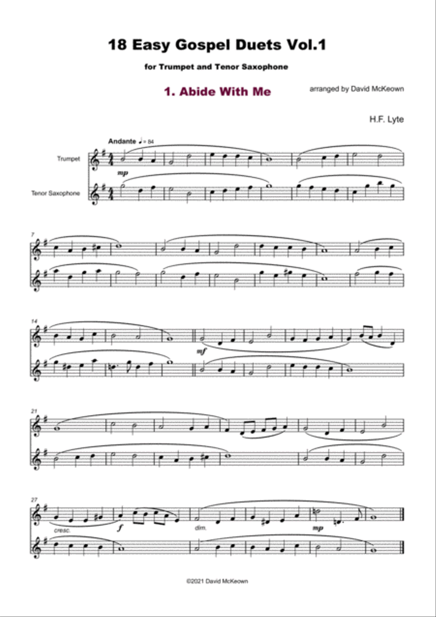 18 Easy Gospel Duets Vol.1 for Trumpet and Tenor Saxophone Tenor Saxophone scores gallery preview page 3