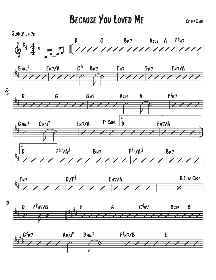Because You Loved Me Piano, Vocal scores gallery preview page 1