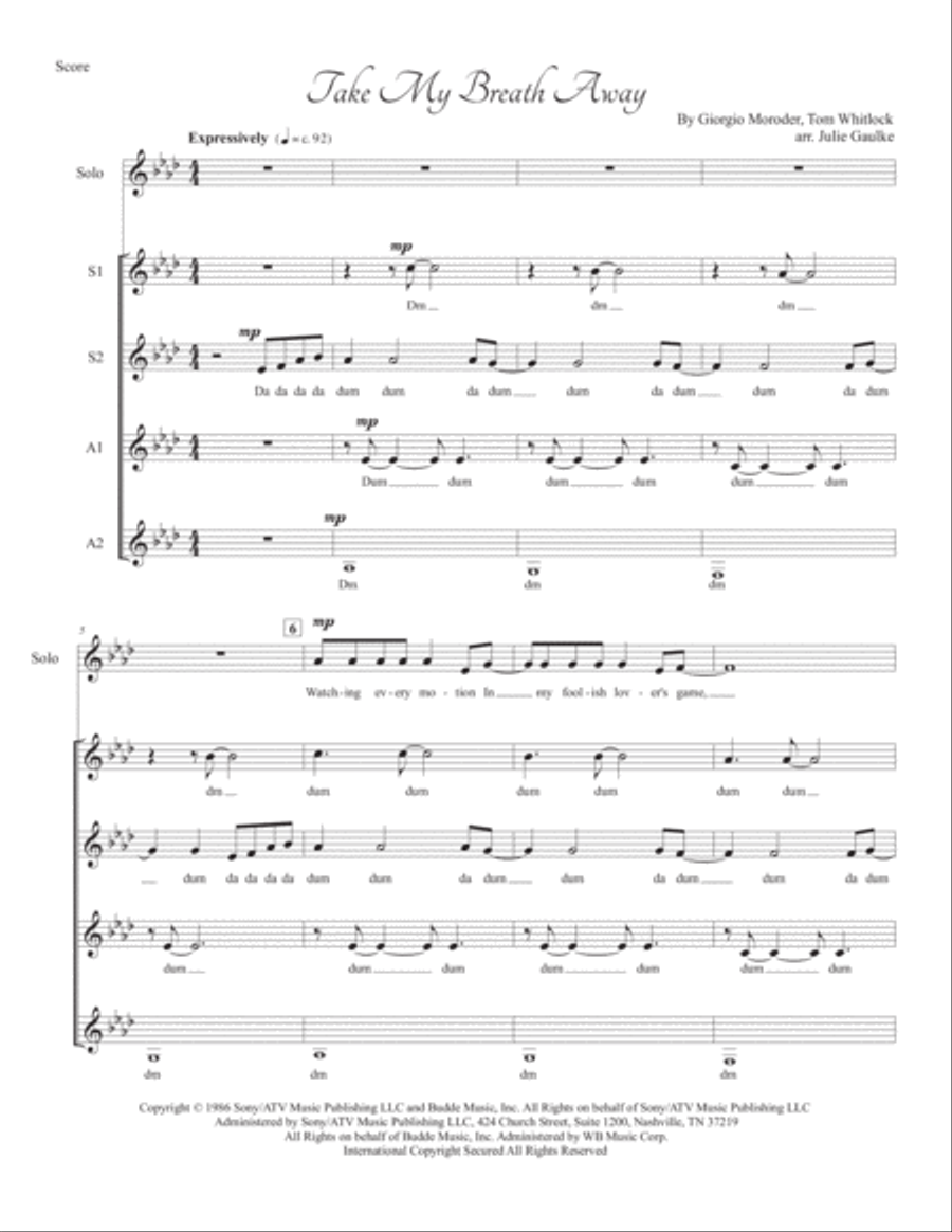Take My Breath Away (love Theme) SSAA scores gallery preview page 1