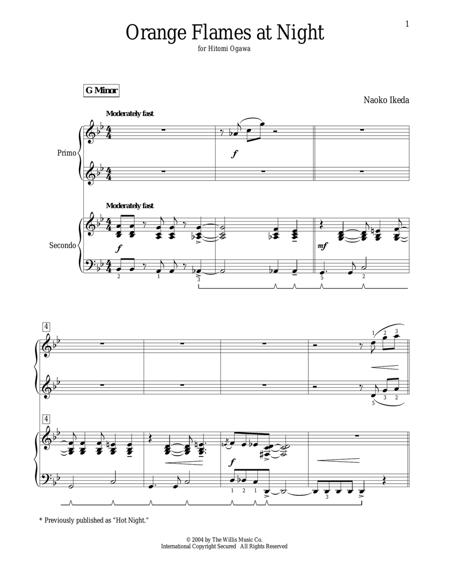 Orange Flames At Night (Hot Night) Easy Piano scores gallery preview page 1