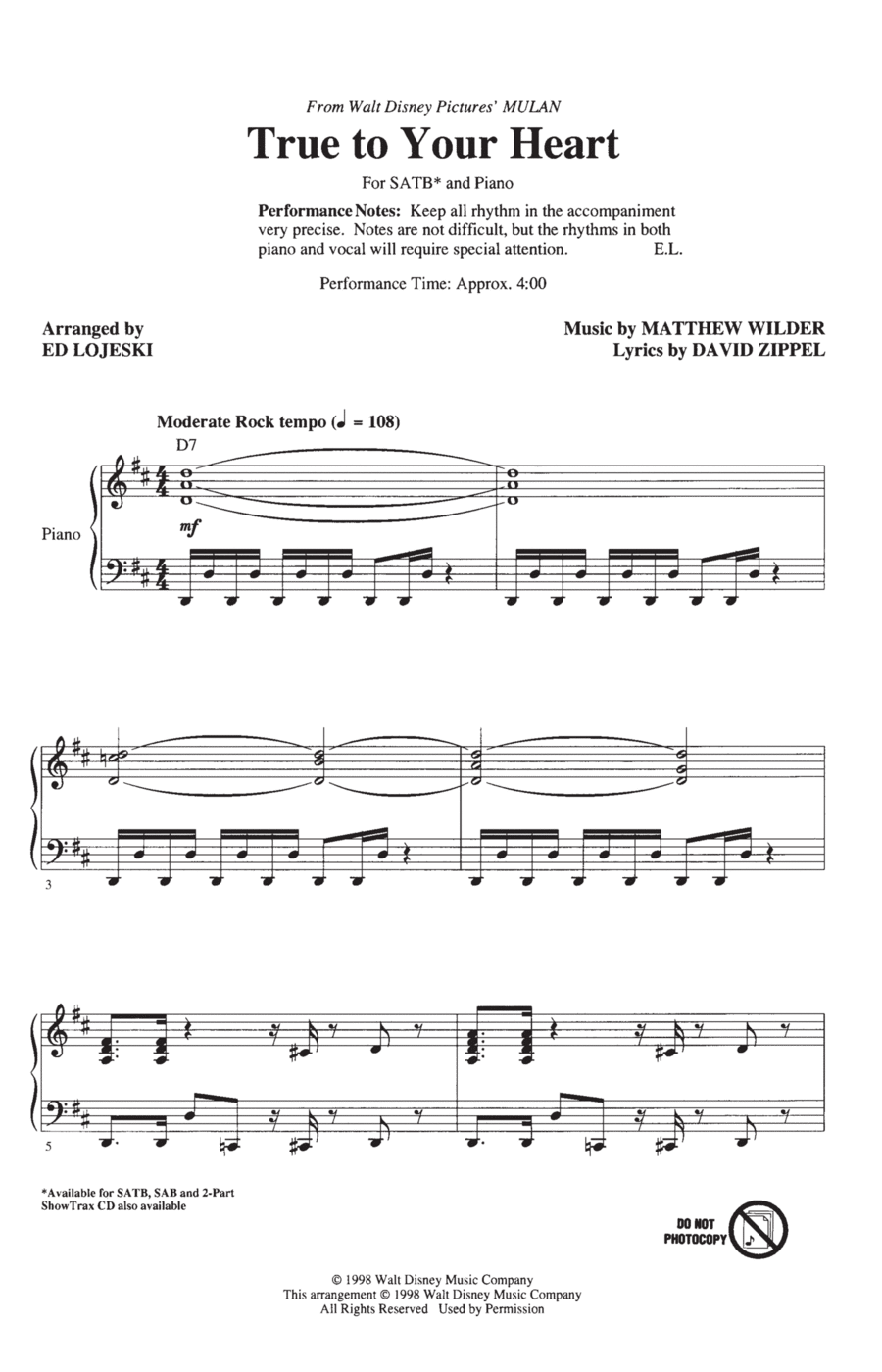 True To Your Heart (from Mulan) (arr. Ed Lojeski) 4-Part scores gallery preview page 1