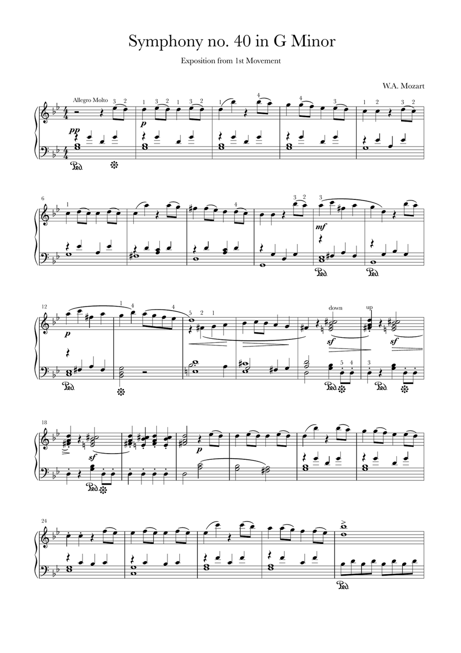Symphony No. 40 in G Minor (Exposition from 1st Movement) Piano Solo scores gallery preview page 1
