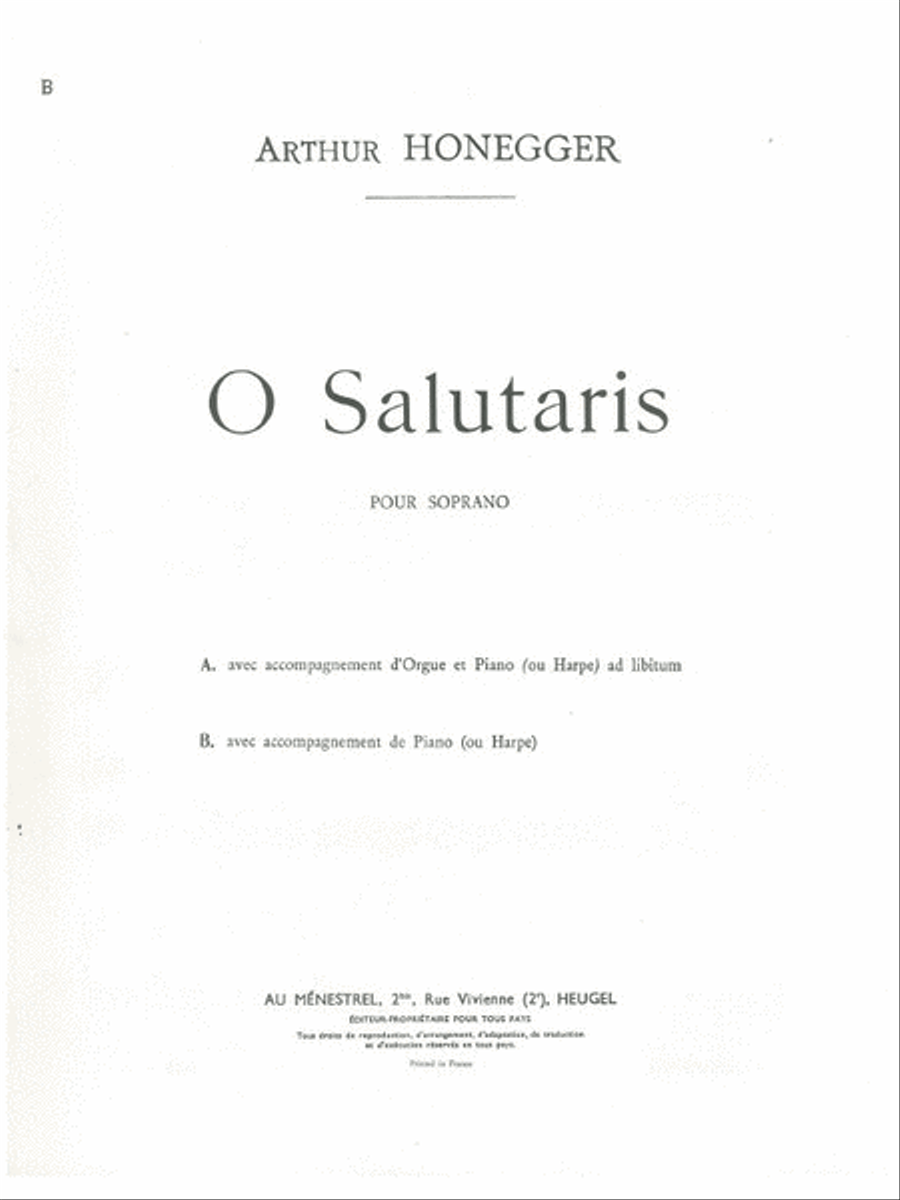 Honegger A. O Salutatis Soprano Solo Piano Book