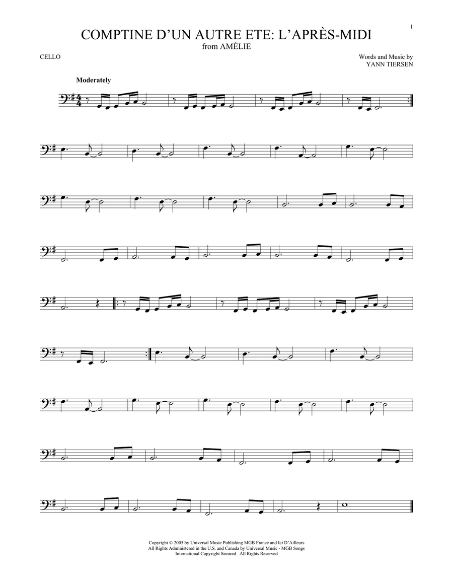 Comptine d'un autre été: L'après-midi (from Amelie) Cello Solo scores gallery preview page 1