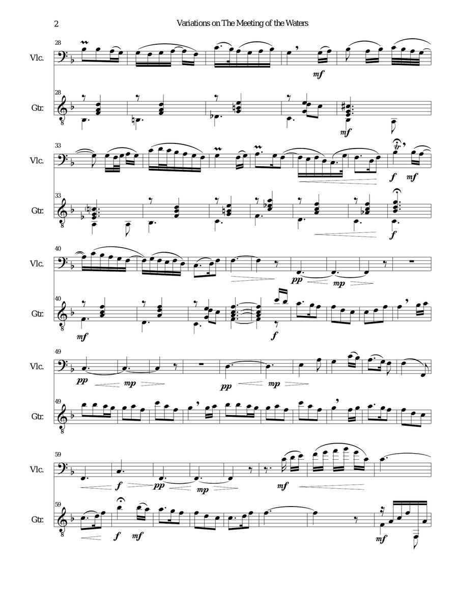 Variations on The meeting of the waters (Sweet Vale of Avoca) for cello and guitar String Duet scores gallery preview page 2
