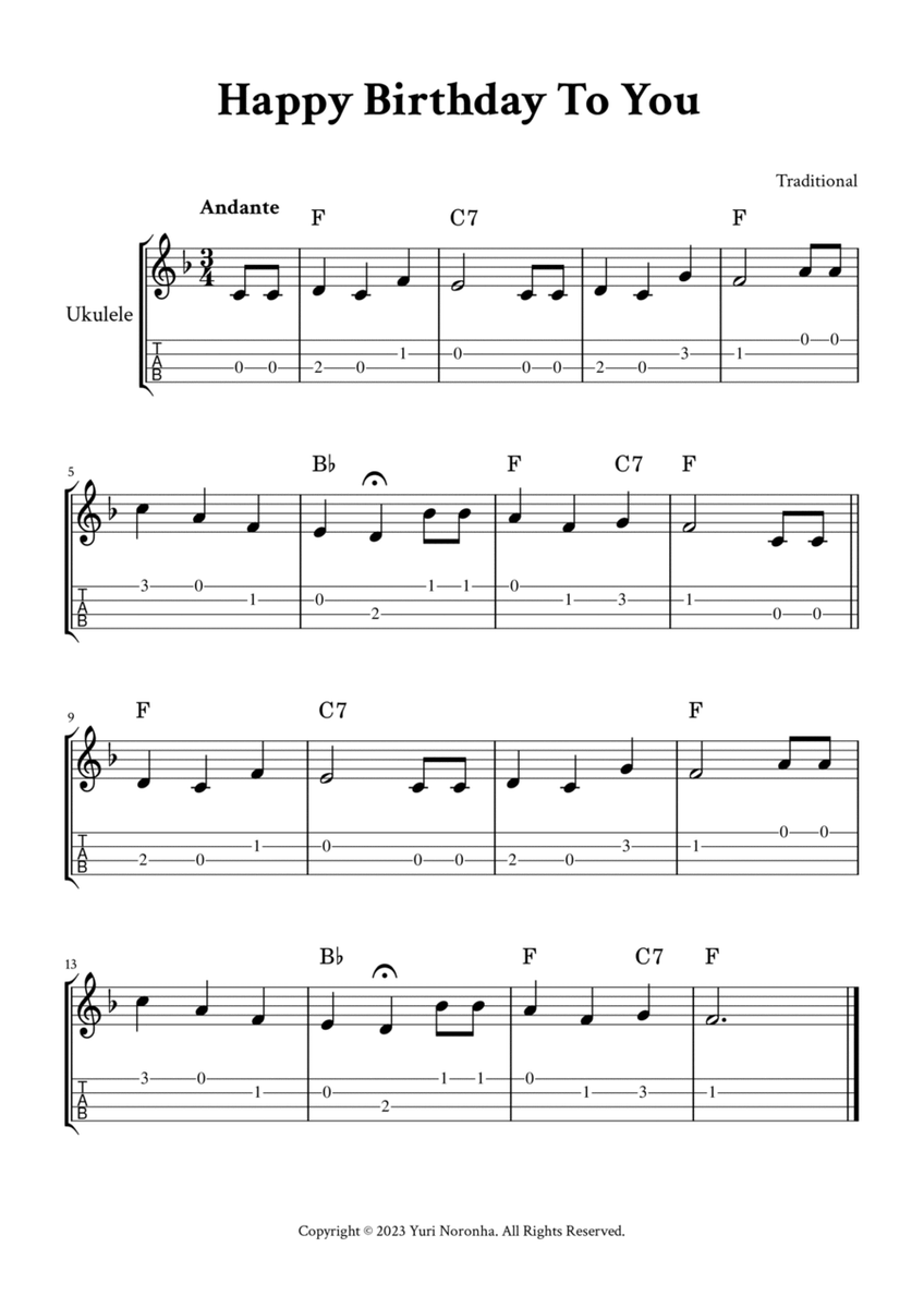 Happy Birthday To You - For Ukulele (F Major - with TAB and Chords) image number null