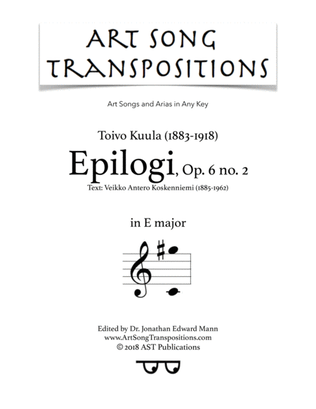 Book cover for KUULA: Epilogi, Op. 6 no. 2 (transposed to E major)