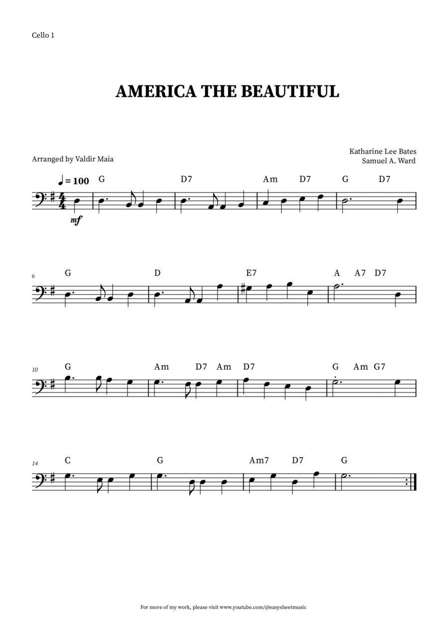 America The Beautiful - Cello Solo (+ CHORDS) Cello Solo scores gallery preview page 1