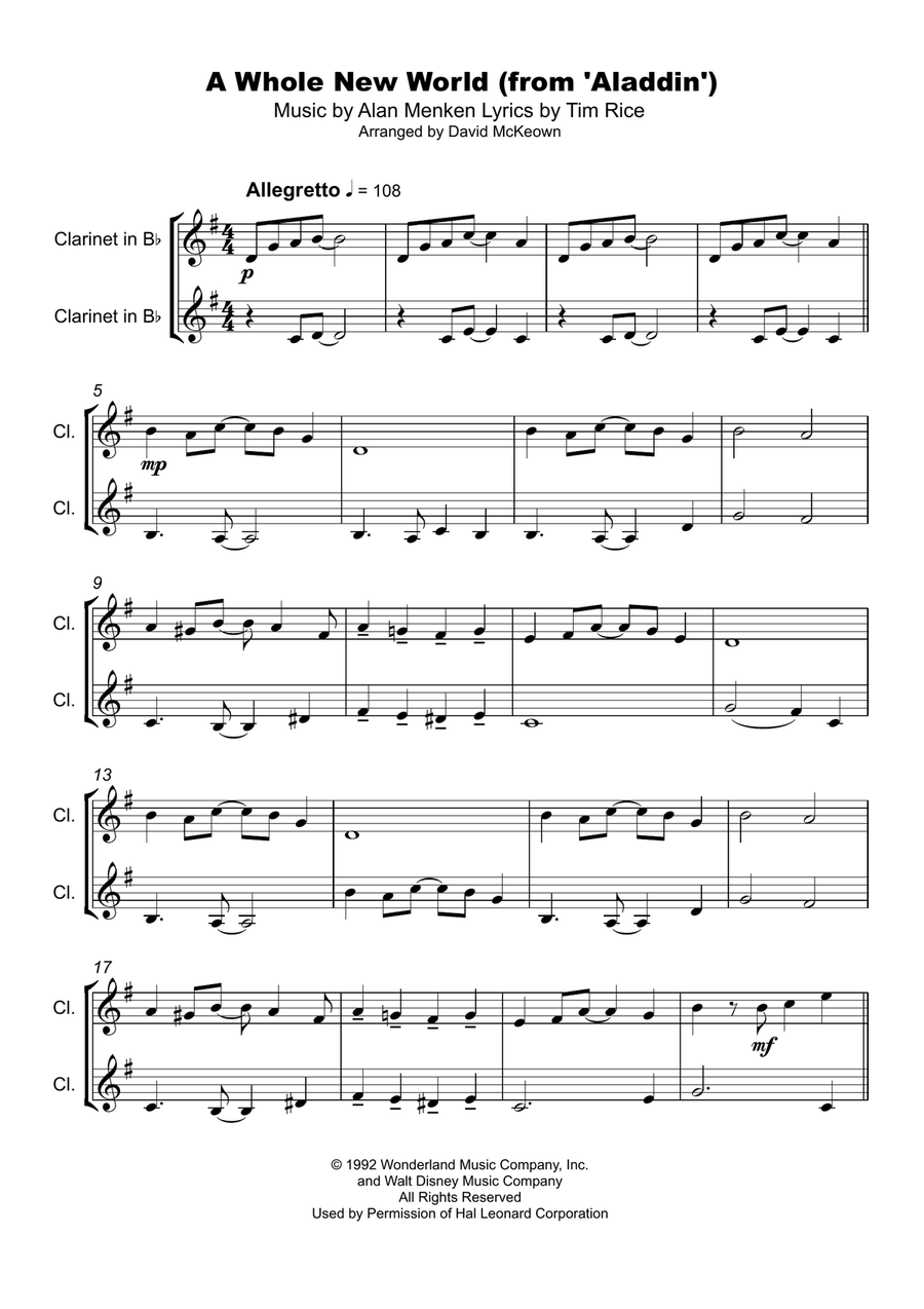 A Whole New World (from 'Aladdin') Clarinet Duet scores gallery preview page 2