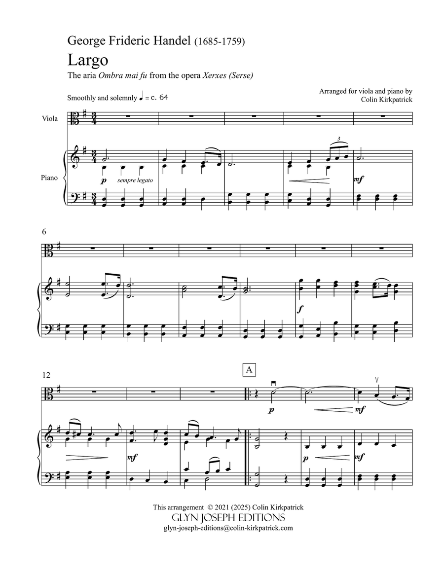 Handel: Largo (from Xerxes) for viola and piano Piano scores gallery preview page 2