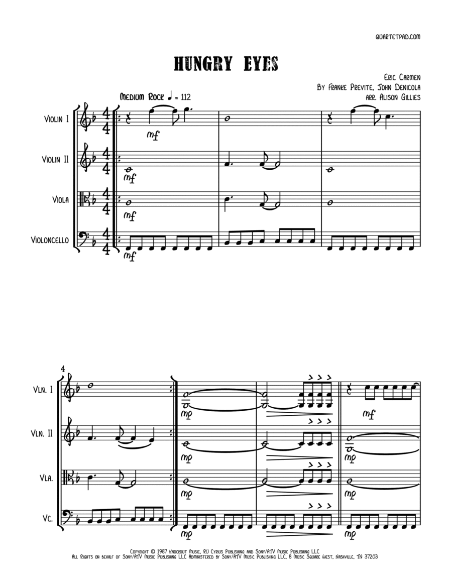 Hungry Eyes String Quartet scores gallery preview page 1