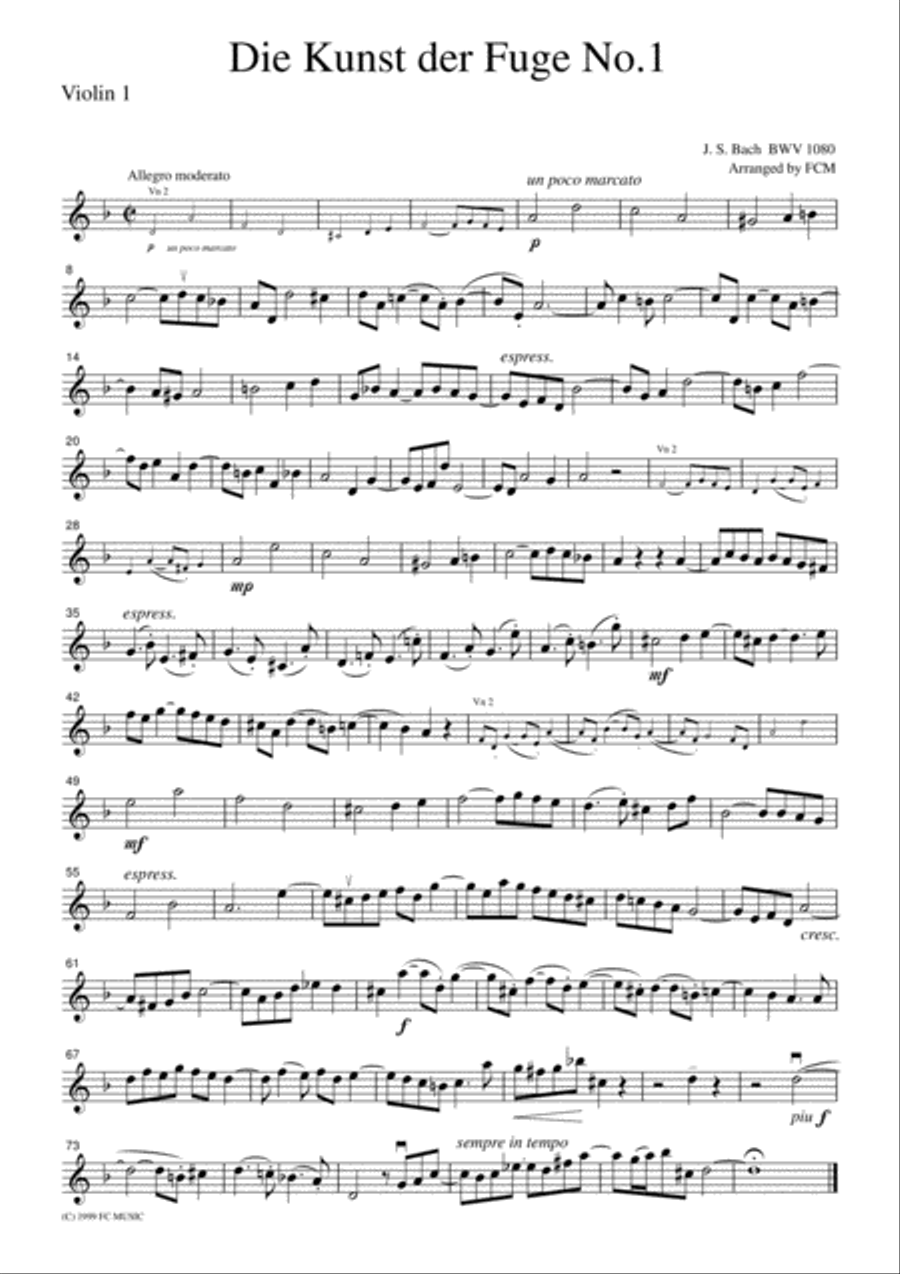 J.S.Bach Die Kunst der Fuge No.1, BWV1080, for string quartet, CB209 String Quartet scores gallery preview page 3