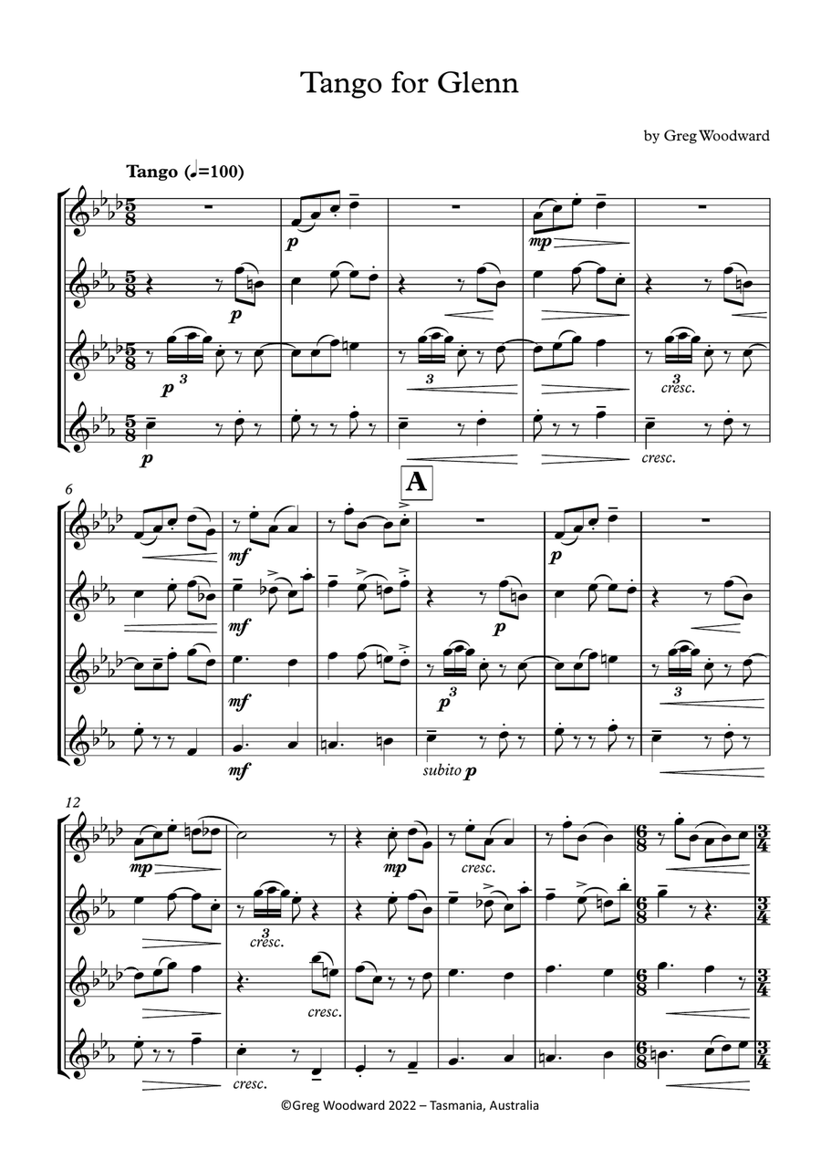 Tango for Glenn Saxophone Quartet scores gallery preview page 1