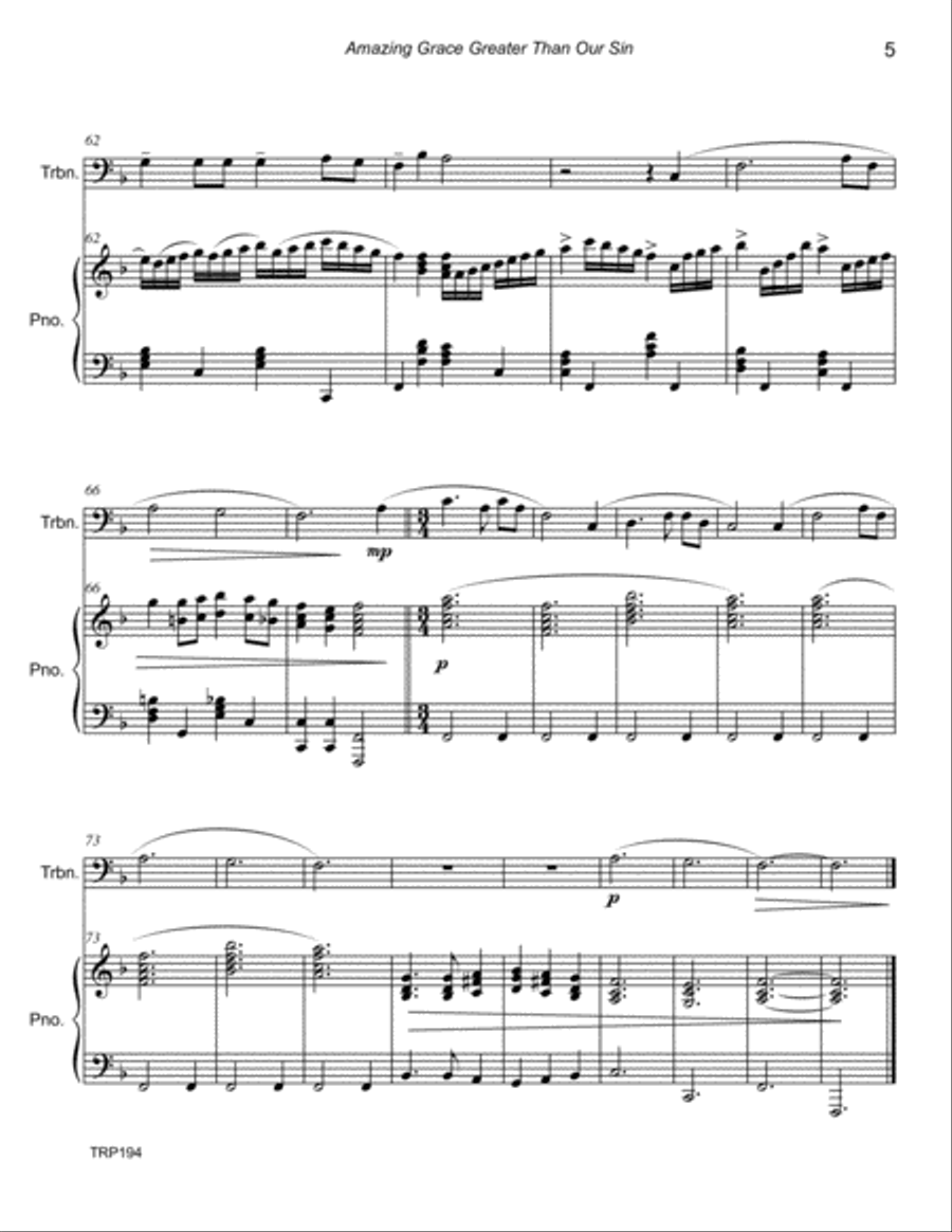 AMAZING GRACE GREATER THAN OUR SIN - TROMBONE SOLO with Piano Accompaniment Brass Duet scores gallery preview page 5
