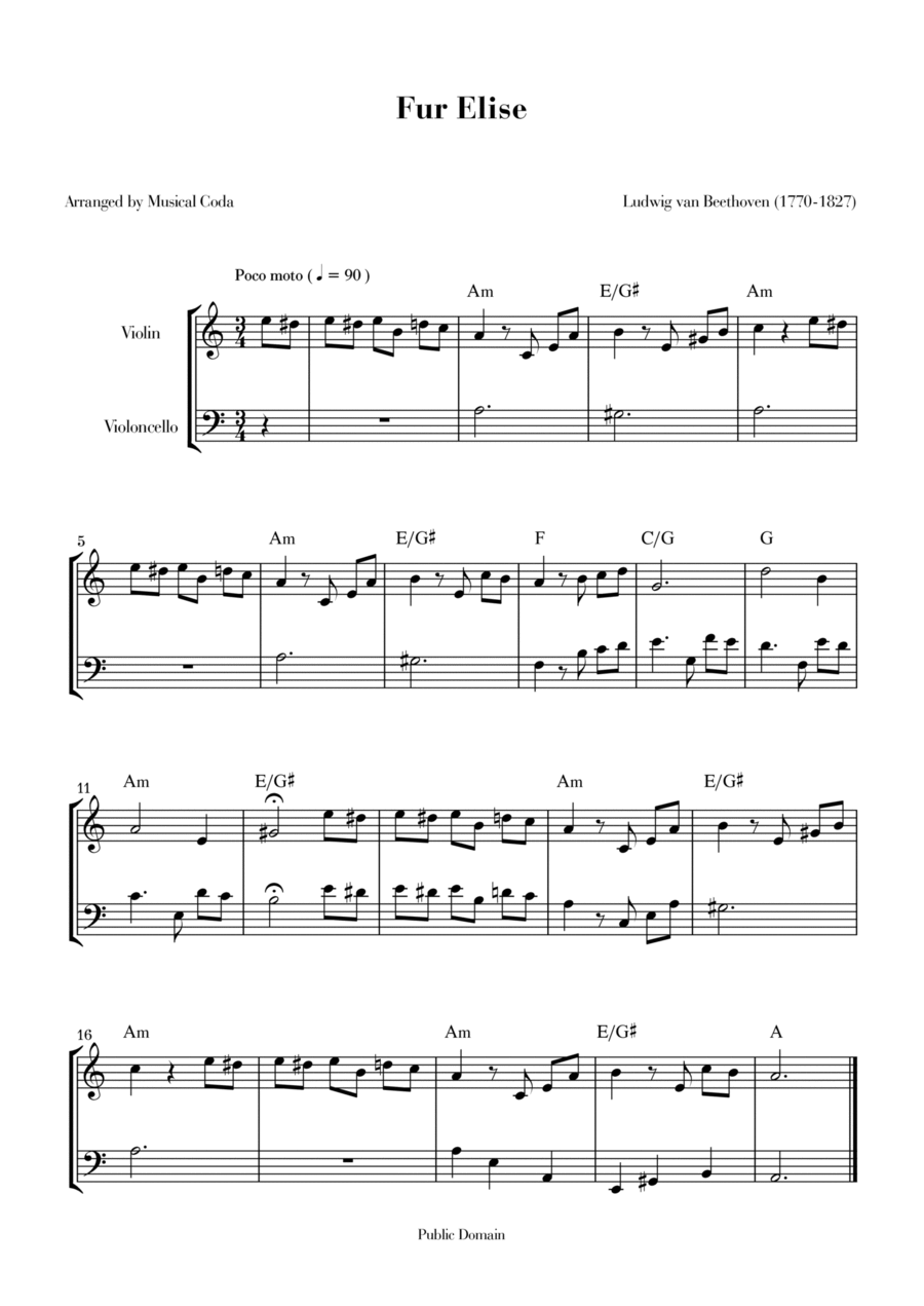 Fur Elise - Violin & Violoncello String Duet scores gallery preview page 1