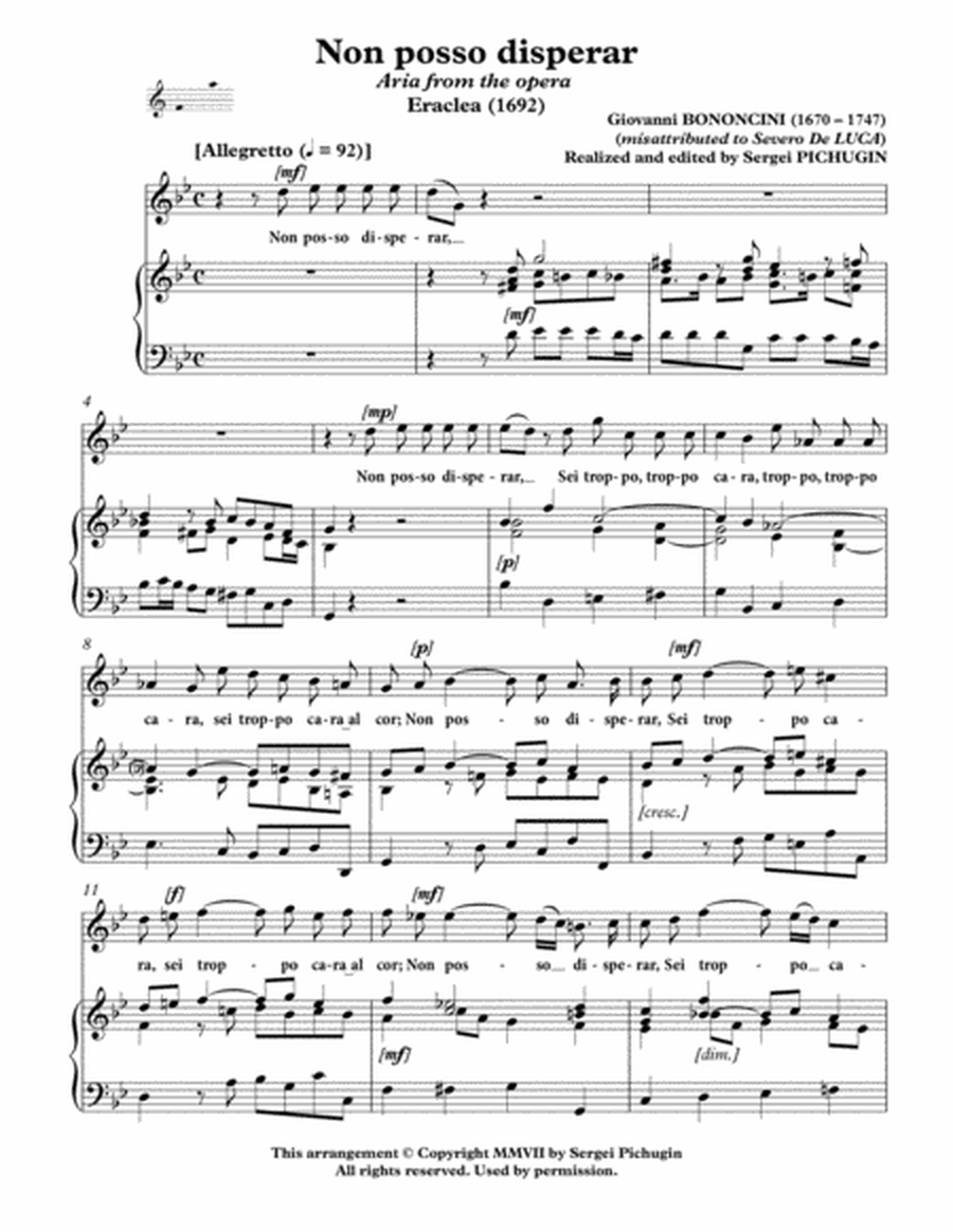 BONONCINI Giovanni: Non posso disperar, aria from the opera "Eraclea", arranged for Voice and Piano image number null