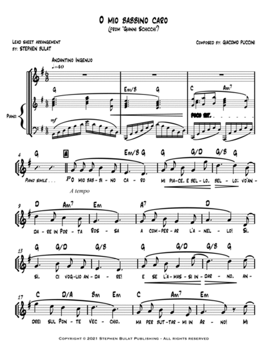 O Mio Babbino Caro (Pavarotti) - Lead sheet (key of G)