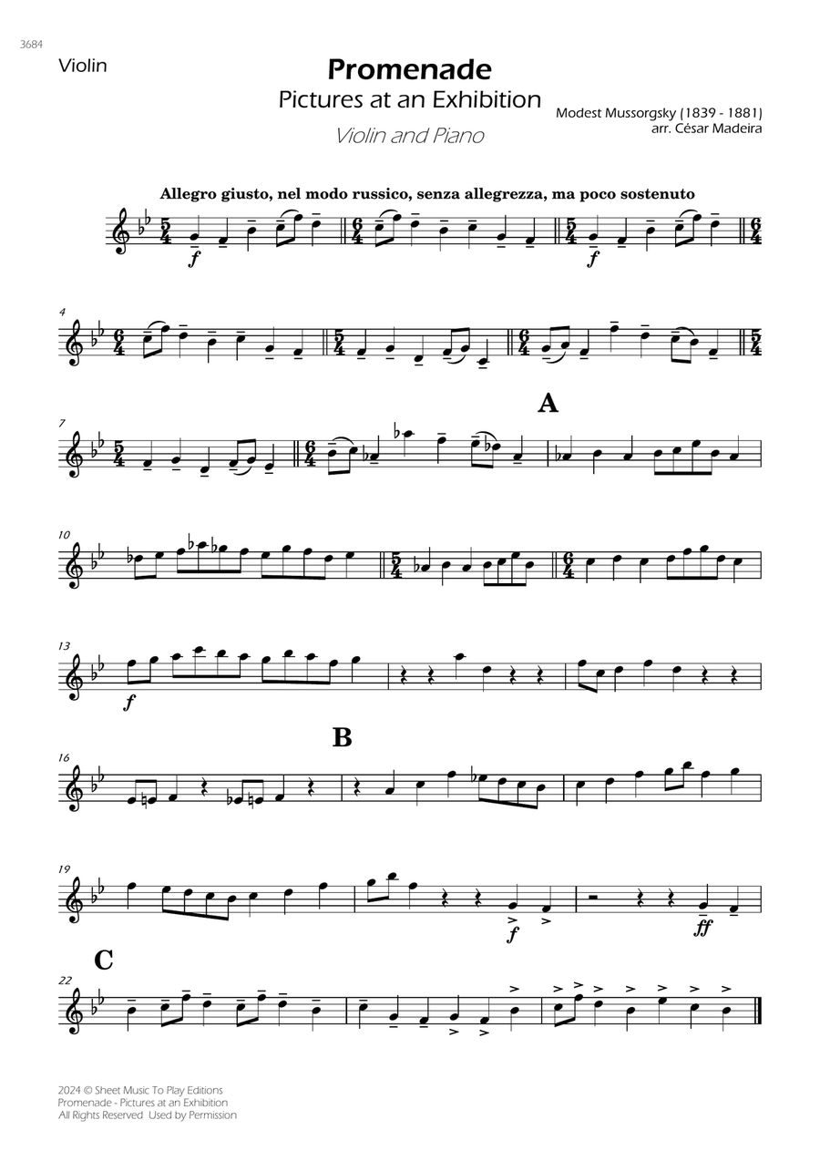 Book cover for Pictures at an Exhibition - Promenade - Violin and Piano (Individual Parts)