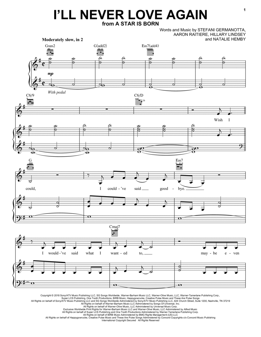 I'll Never Love Again (from A Star Is Born) Piano, Vocal, Guitar scores gallery preview page 1