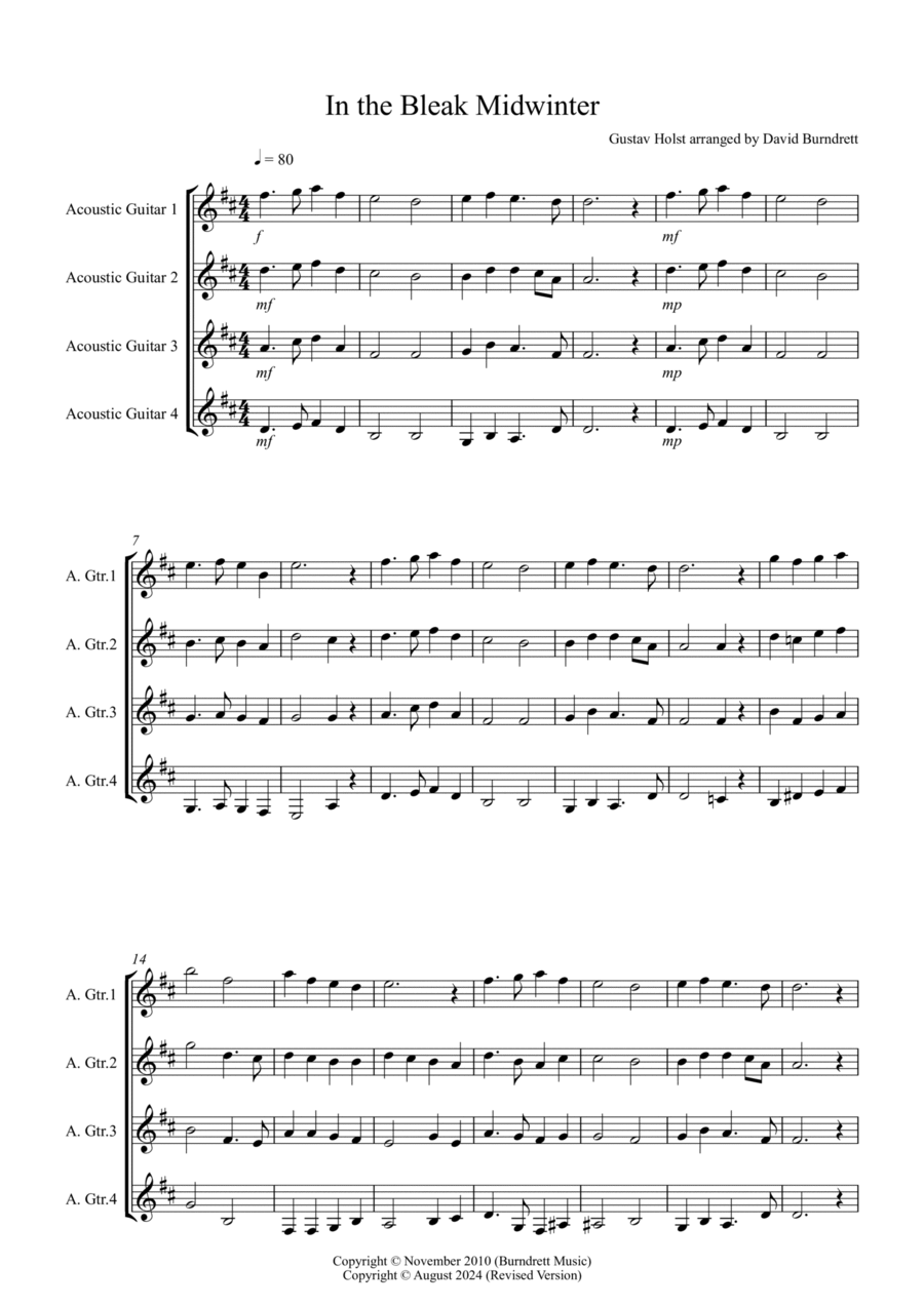 In The Bleak Midwinter for Guitar Quartet Guitar Ensemble scores gallery preview page 1