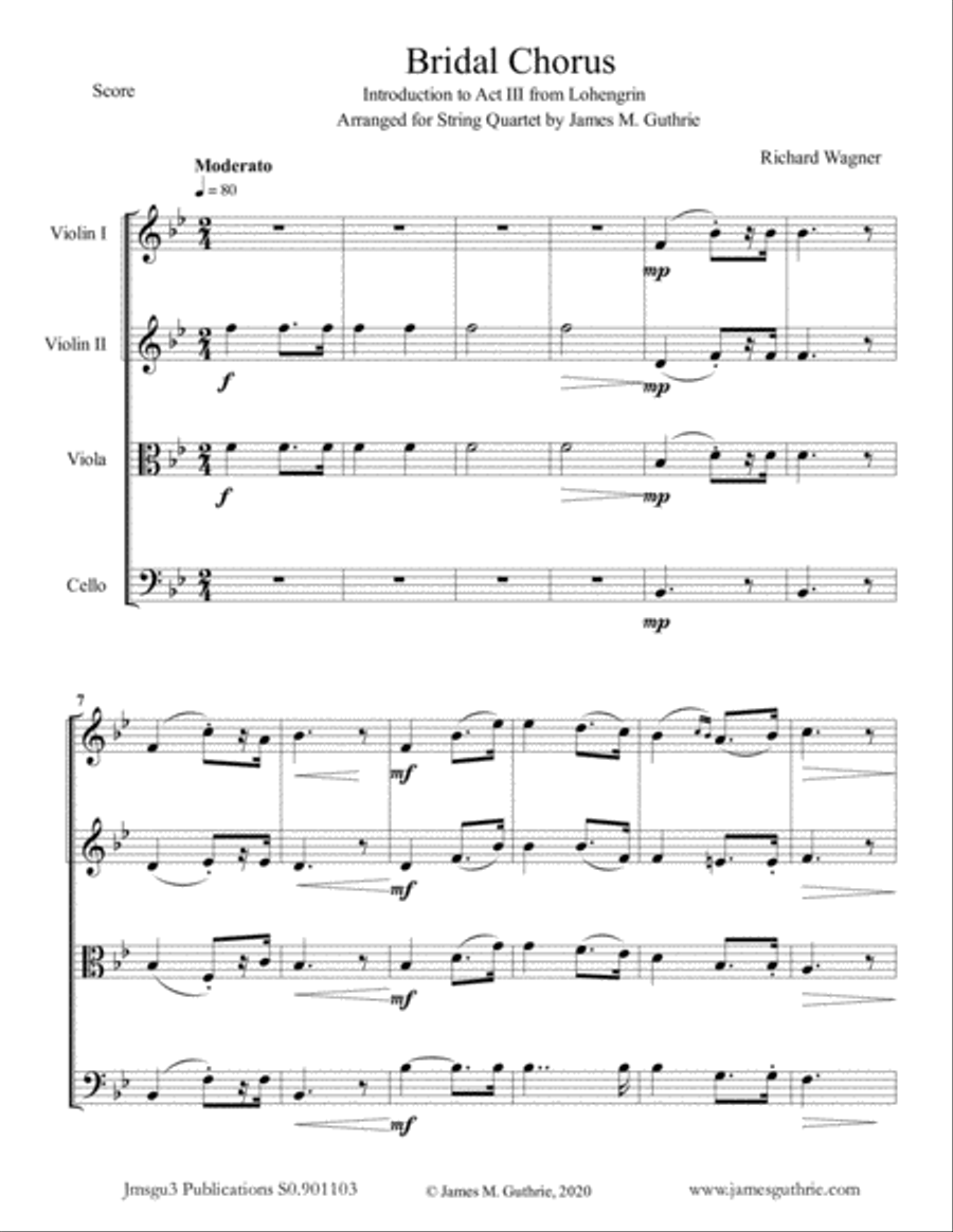 Wagner: Bridal Chorus for String Quartet String Quartet scores gallery preview page 1