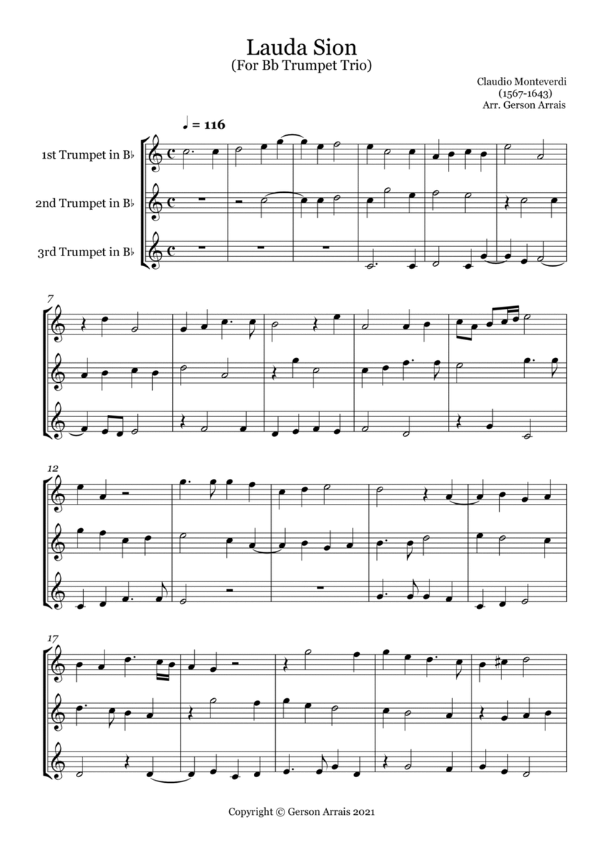 Lauda Sion - Claudio Monteverdi, for Bb Trumpet Trio - Score and Parts image number null