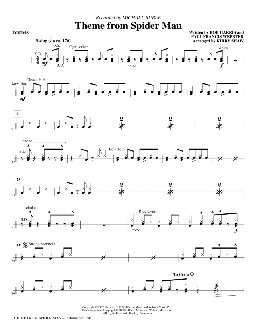 Theme from Spider Man - Drums Choir scores gallery preview page 1