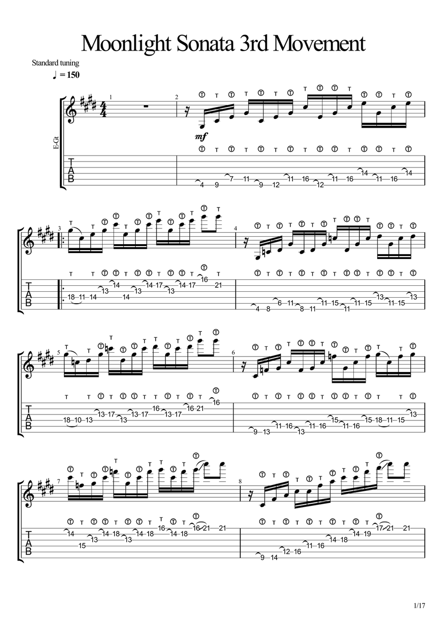 Moonlight Sonata C# Minor 3rd Movement solo Classical Guitar scores gallery preview page 1