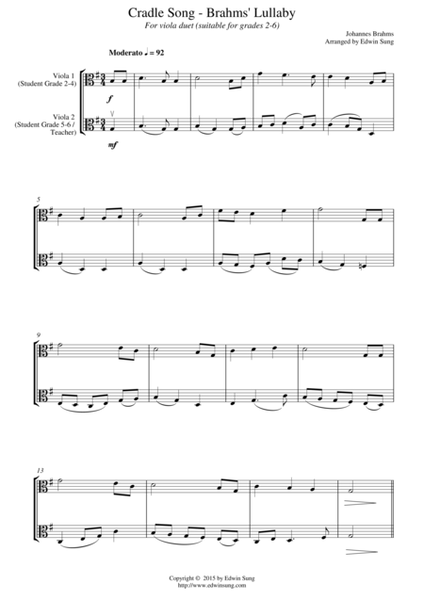 Cradle Song - Brahms’ Lullaby (for viola duet, suitable for grades 2-6) image number null